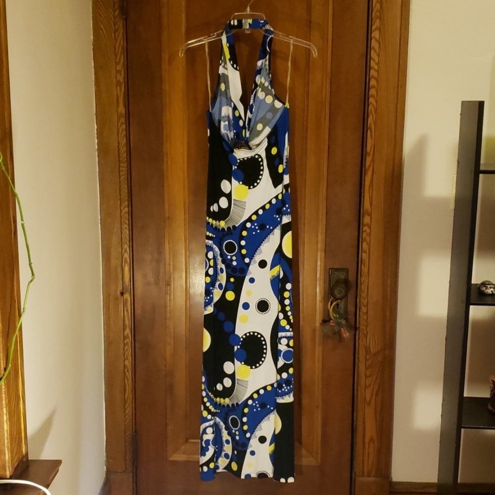 Blue, yellow, black and white stretchy dress - Picture 2 of 3